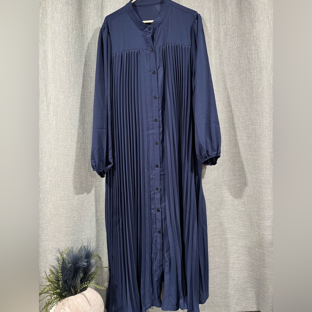 SHEIN Navy Long Sleeve Pleated Dress